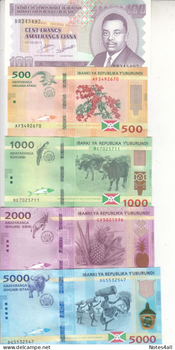 BURUNDI 100 500 1000 2000 5000  FRANC 2018 2021 P-44 50 51 52 53  UNC SET - Burundi