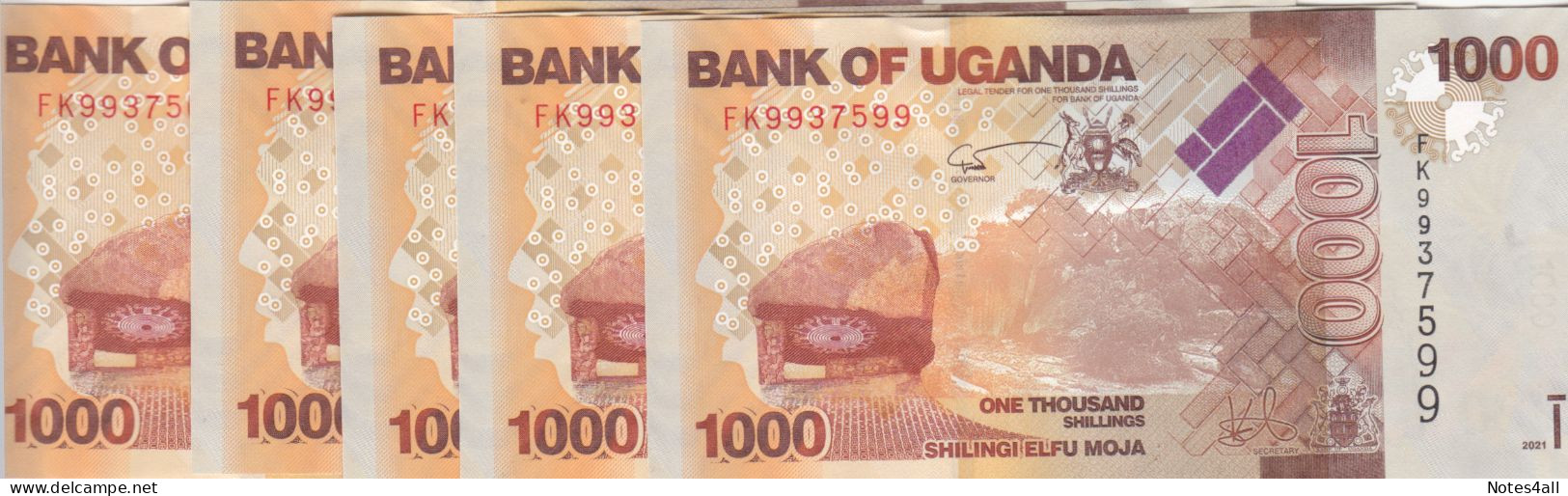 UGANDA 1000 SHILINGS 2021 P- 49 Lot X5  UNC - Burundi