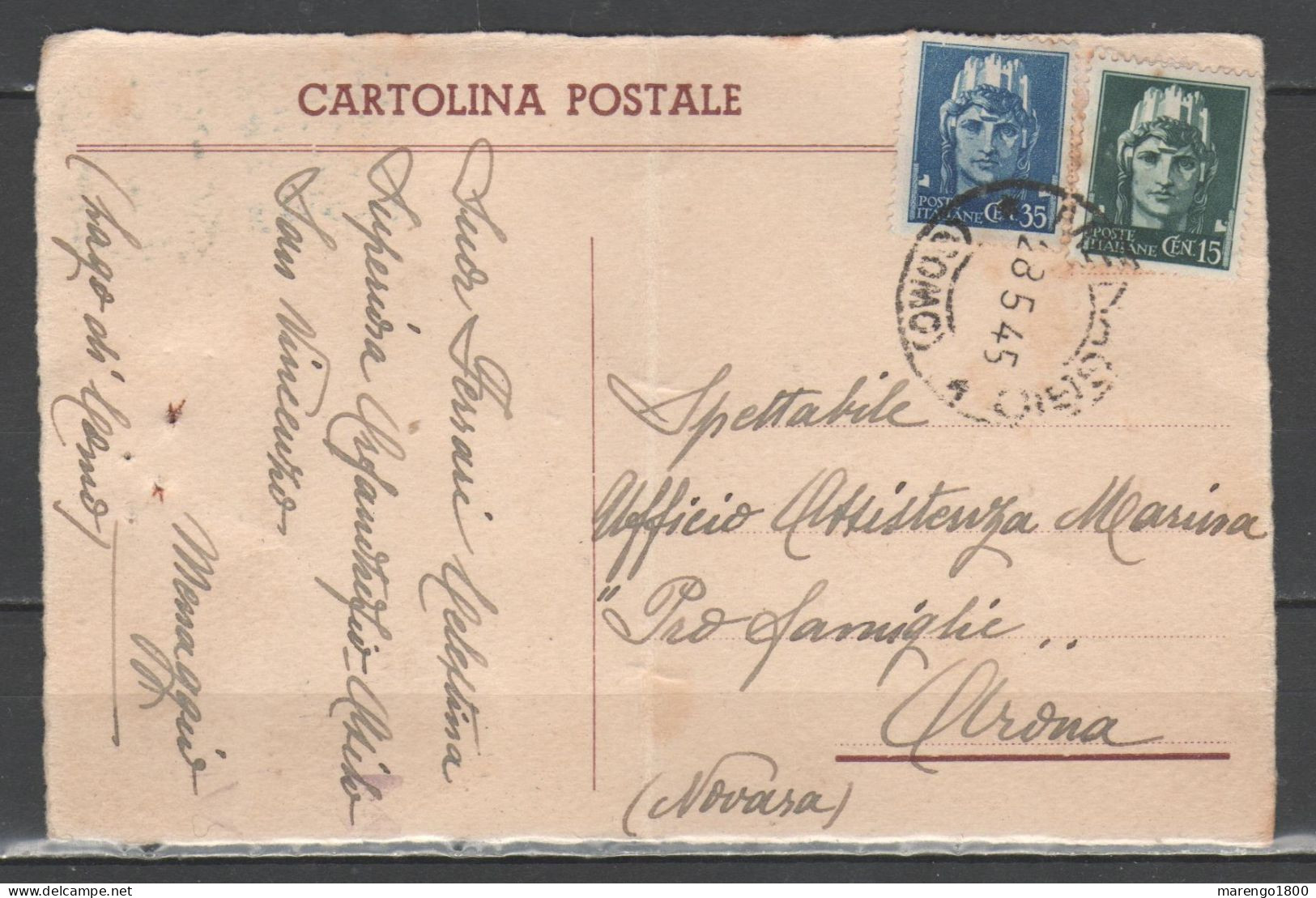 ITALIA 1945 - Cartolina Postale Con Imperiale 35 C. E 15 C. Uso Tardivo - Marcophilia