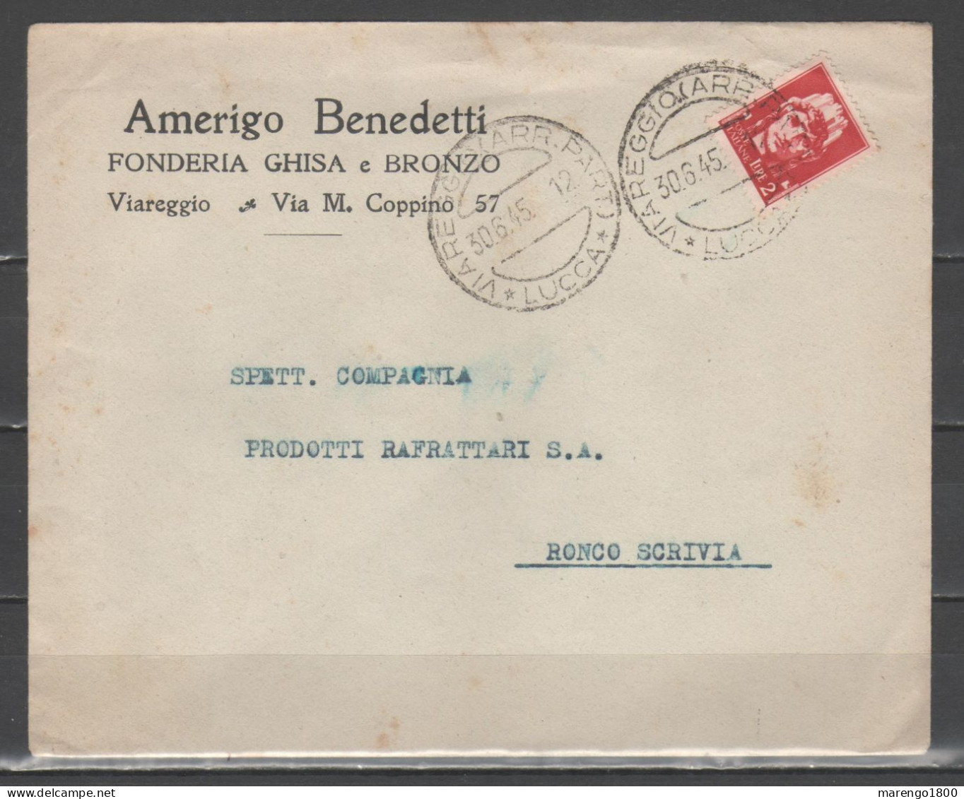 ITALIA 1945 - Lettera Commerciale Benedetti Fonderia Ghisa Viareggio Con Imperiale 2 L. Uso Tardivo - Marcophilie