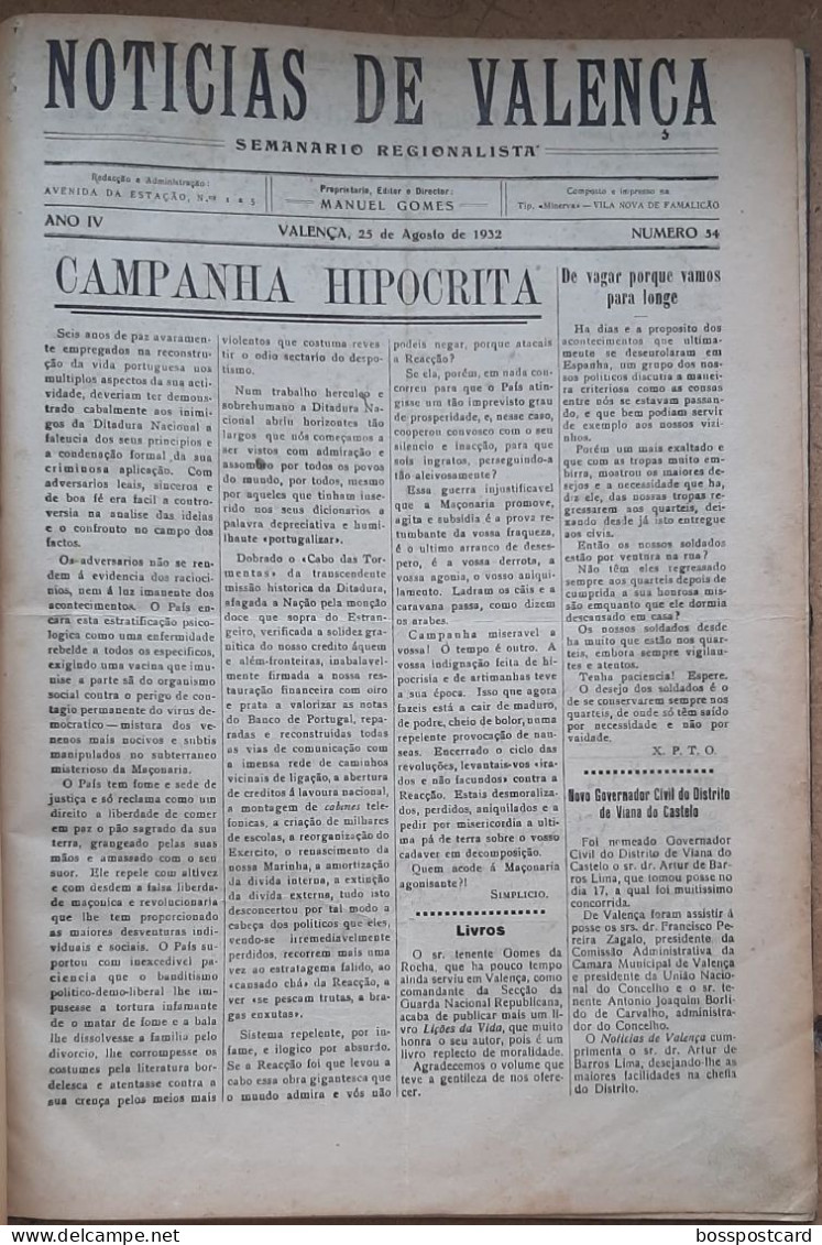 Valença Do Minho - Volume Encadernado Com 9 Jornais Do Notícias De Valença De 1932. Imprensa. Viana Do Castelo Portugal - Informaciones Generales