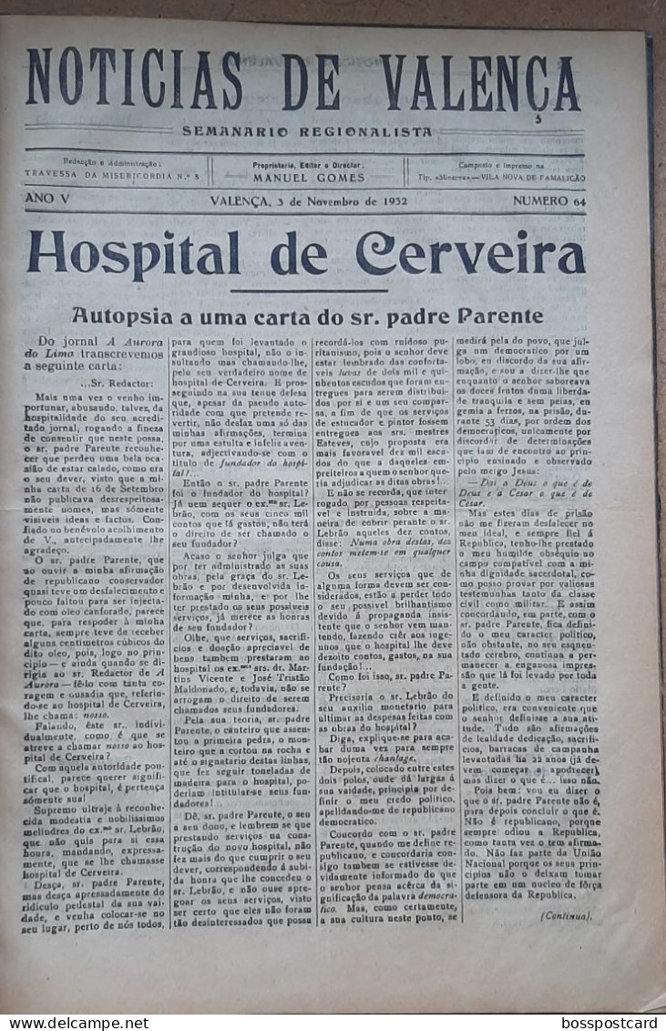 Valença do Minho - Volume encadernado com 9 jornais do Notícias de Valença de 1932. Imprensa. Viana do Castelo Portugal