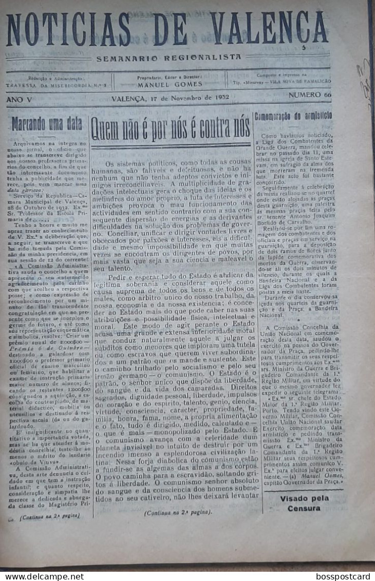 Valença do Minho - Volume encadernado com 9 jornais do Notícias de Valença de 1932. Imprensa. Viana do Castelo Portugal