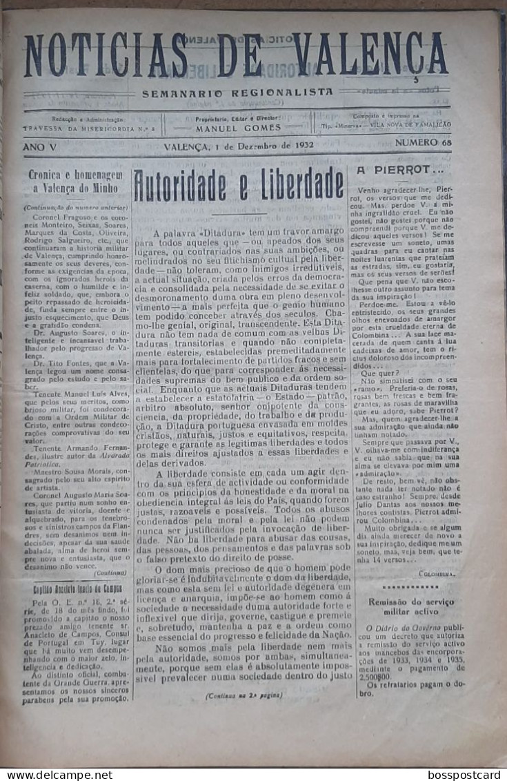 Valença do Minho - Volume encadernado com 9 jornais do Notícias de Valença de 1932. Imprensa. Viana do Castelo Portugal