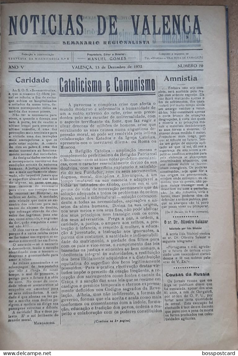 Valença do Minho - Volume encadernado com 9 jornais do Notícias de Valença de 1932. Imprensa. Viana do Castelo Portugal