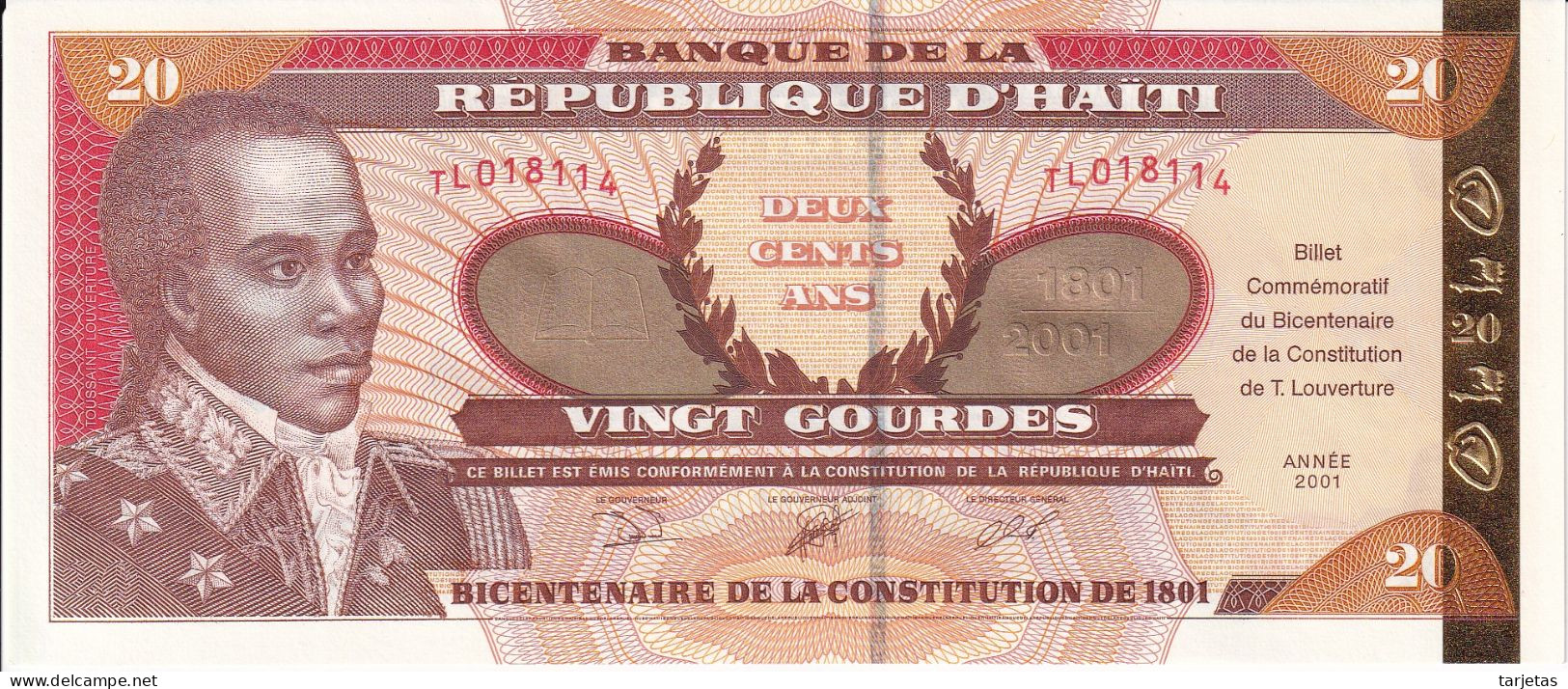 BILLETE DE HAITI DE 20 GOURDES DEL AÑO 2001 SIN CIRCULAR (UNC) (BANK NOTE) CONMEMORATIVO - Haiti