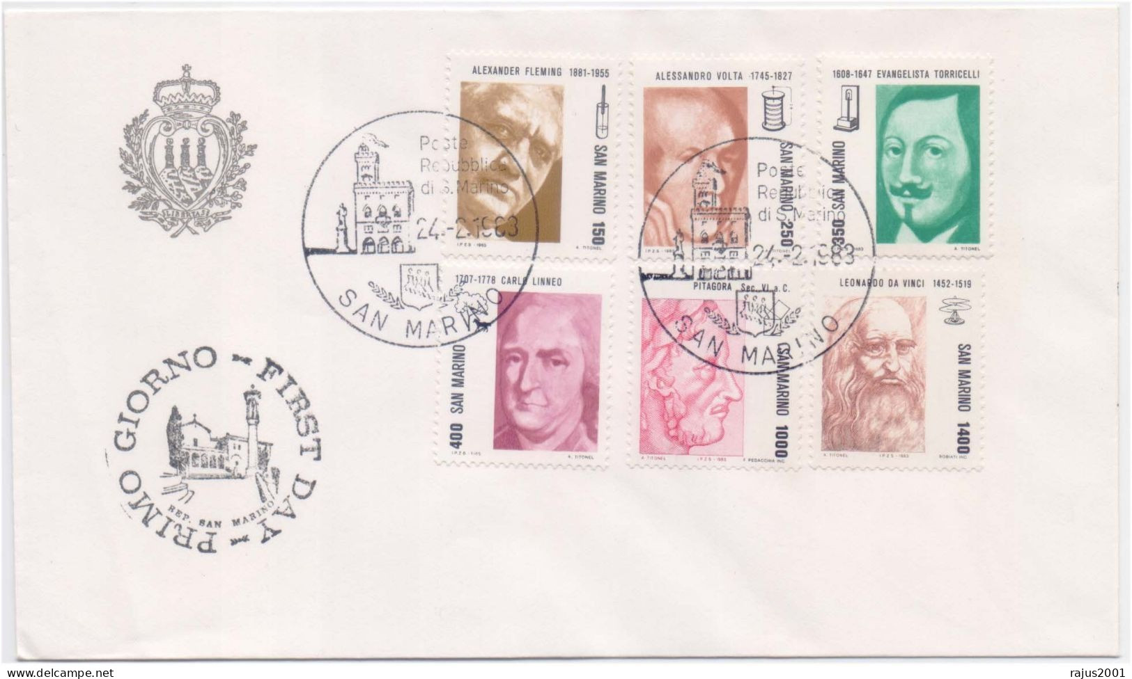 Pythagoras Theorem, Masonic Symbol, Freemasonry, Mathematics, Geometry, Electric Cell, Alessandro Volta, San Marino FDC - Francmasonería