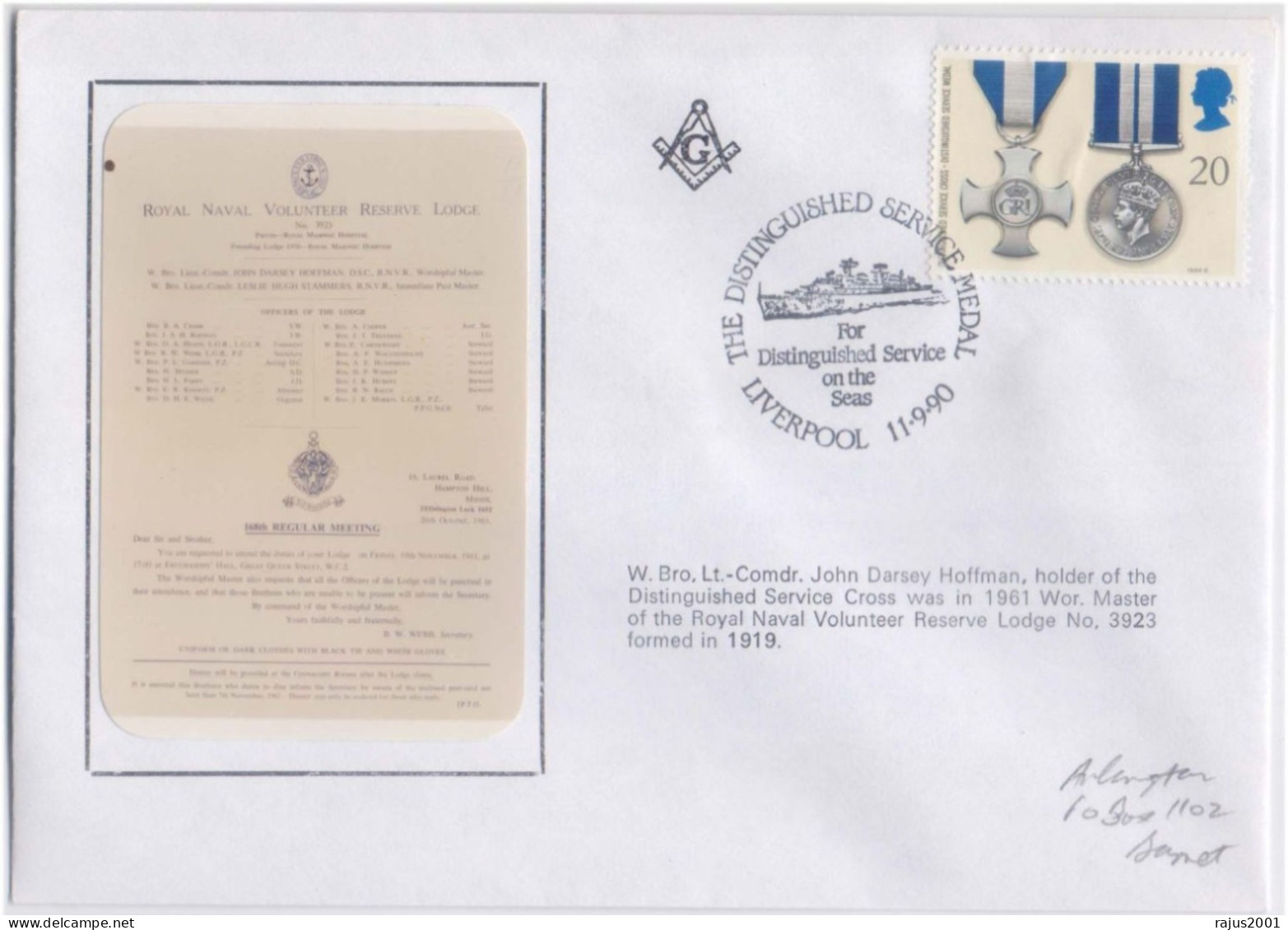 John Darsey Hoffman Master Of Royal Naval Volunteer Reserve Lodge No 3926, Army Freemasonry, Masonic, Britain FDC 1990 - Freimaurerei