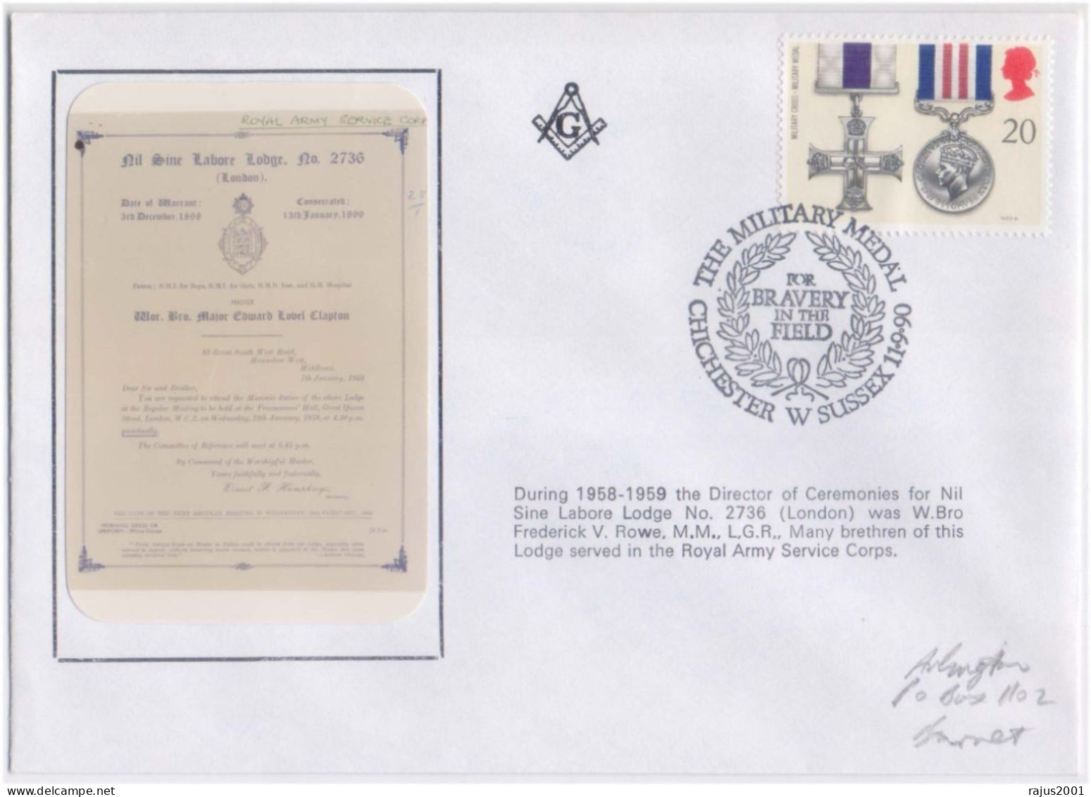 Nil Sine Labore Lodge No. 2736, This Lodge Served In The Royal Army Service Corps Freemasonry Masonic, Britain FDC 1990 - Vrijmetselarij