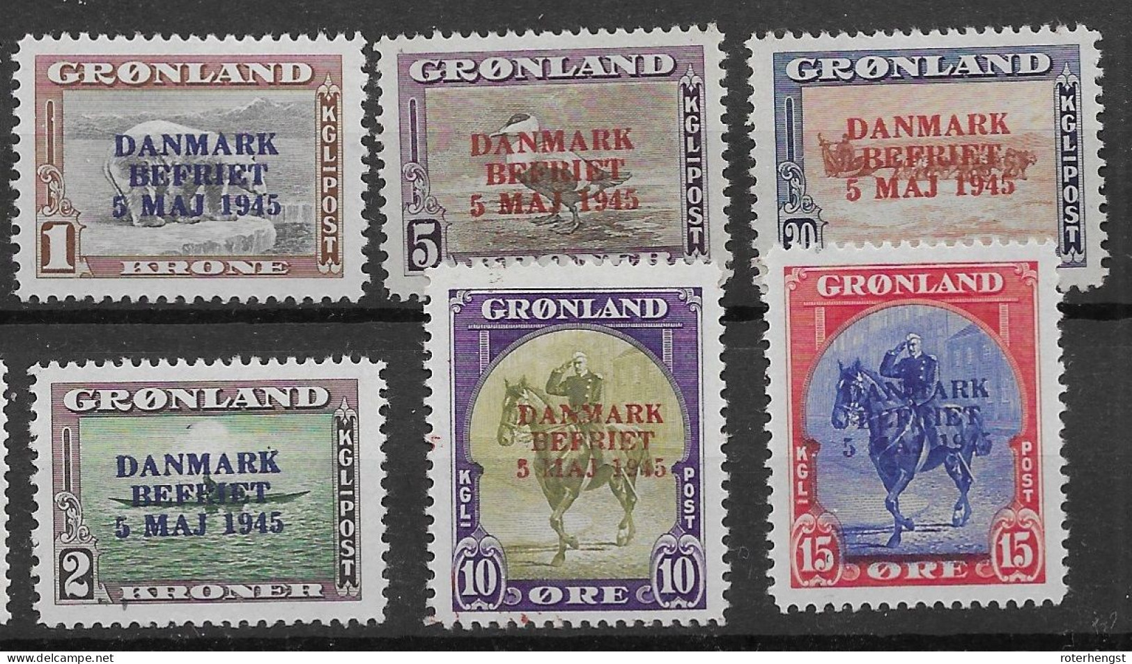 Greenland RARE Complete Set With Error Colour Overprints 1945 (1800 Euros) Mlh * Mint Extremely Low Hinge Trace - Unused Stamps