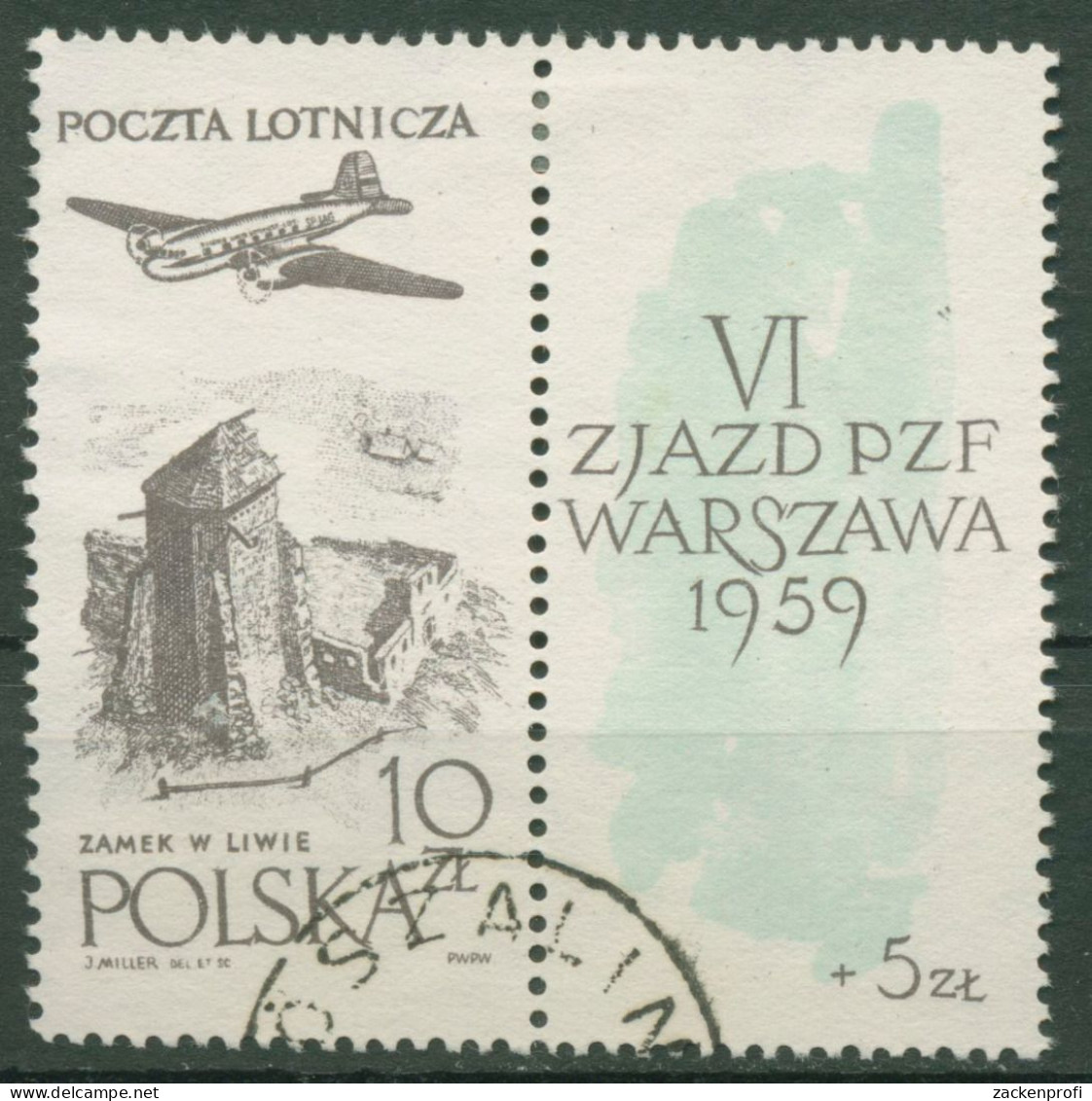 Polen 1959 Philatelistenverband Flugzeug über Schloss Liwa 1101 ZF Gestempelt - Gebraucht