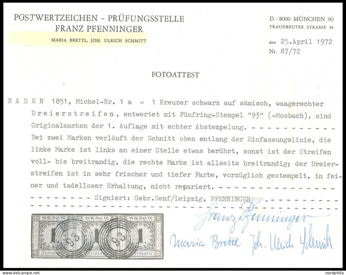 BADEN 1a O, 1851, 1 Kr. Schwarz Auf Sämisch Im Waagerechten Dreierstreifen Mit Nummernstempel 93 (MOSBACH), Fotoattest P - Afgestempeld