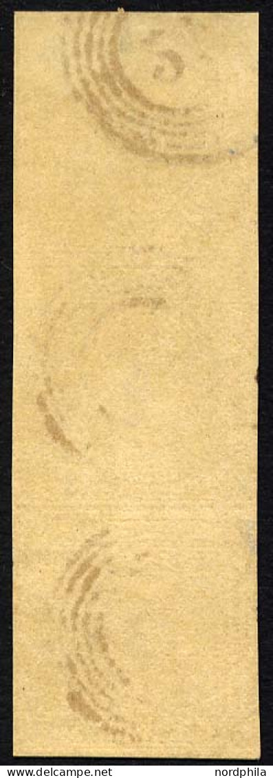 BADEN 1b O, 1851, 1 Kr. Schwarz Auf Braun, Nummernstempel 24, Im Senkrechten Fast Allseits Vollrandigen Dreierstreifen,  - Afgestempeld
