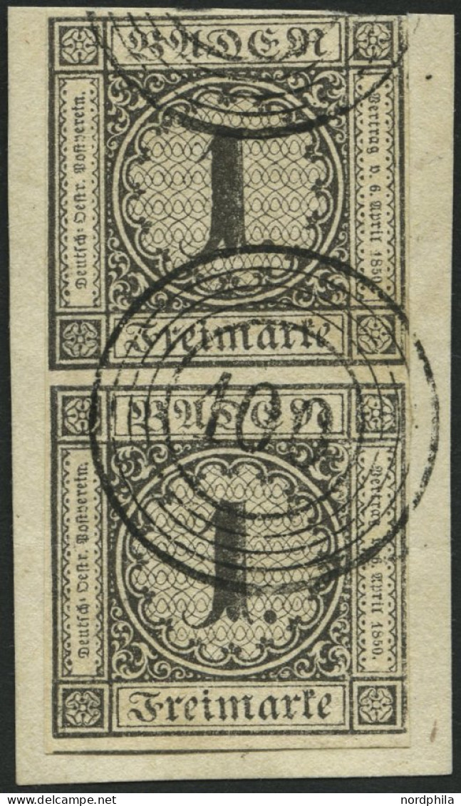 BADEN 5 Paar BrfStk, 1853, 1 Kr. Schwarz Im Senkrechten Paar, Nummernstempel 100 (NEUSTADT), Obere Marke Leicht Berührt  - Usados