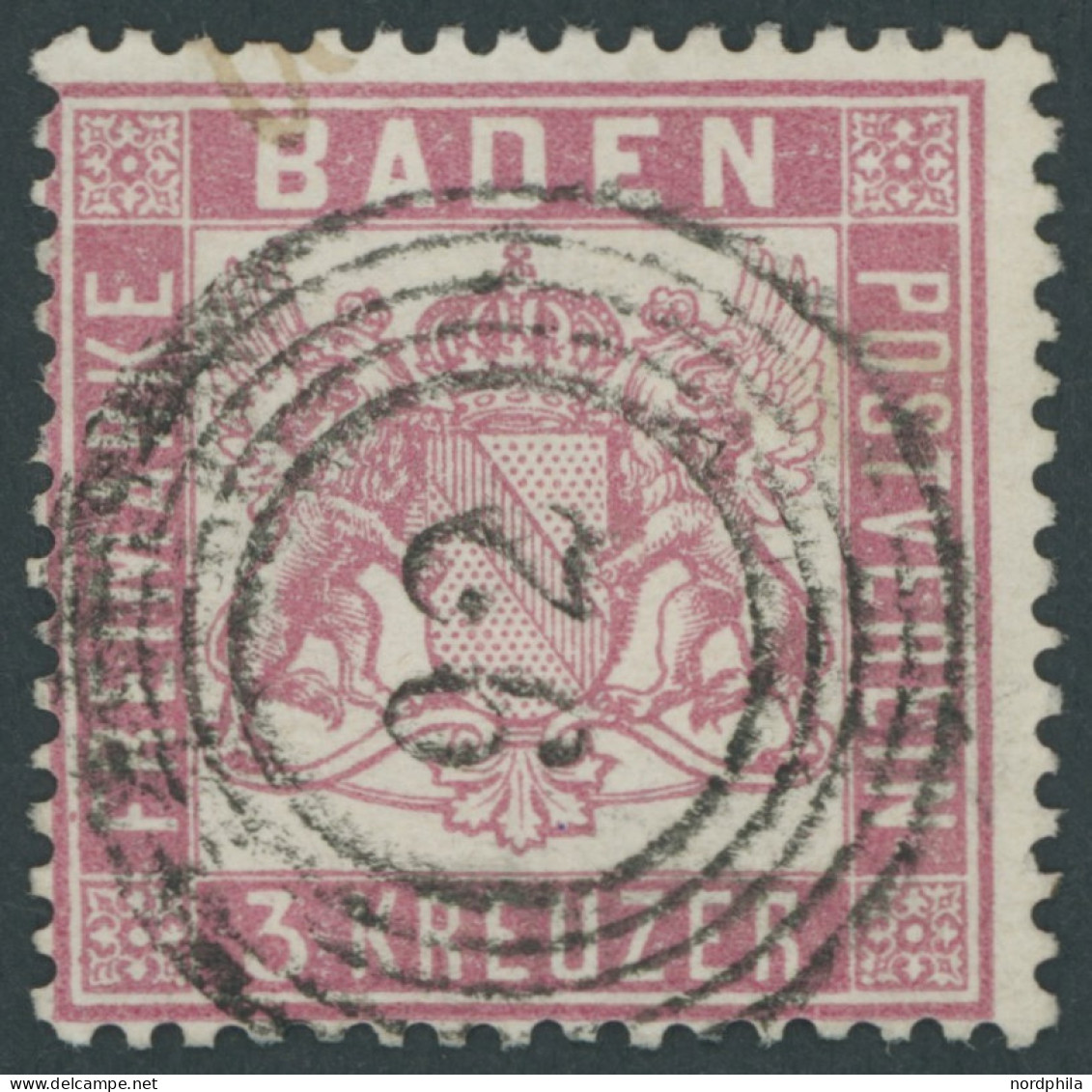 BADEN 16 O, 1862, 3 Kr. Rosakarmin, Nummernstempel 92, Pracht, Gepr. Englert, Mi. 350.- - Usati