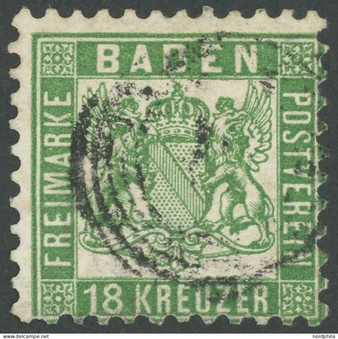 BADEN 21a O, 1862, 18 Kr. Grün, Einriss Links Geschlossen, Feinst, Kurzbefund Stegmüller, Mi. 700.- - Usados