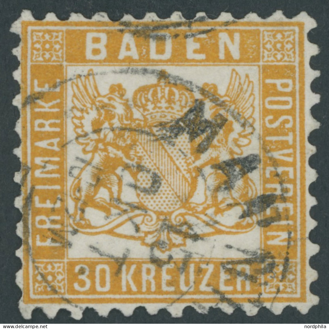 BADEN 22a O, 1862, 30 Kr. Lebhaftgelborange, Repariert Wie Pracht, Gepr. Brettl, Mi. (3200.-) - Gebraucht