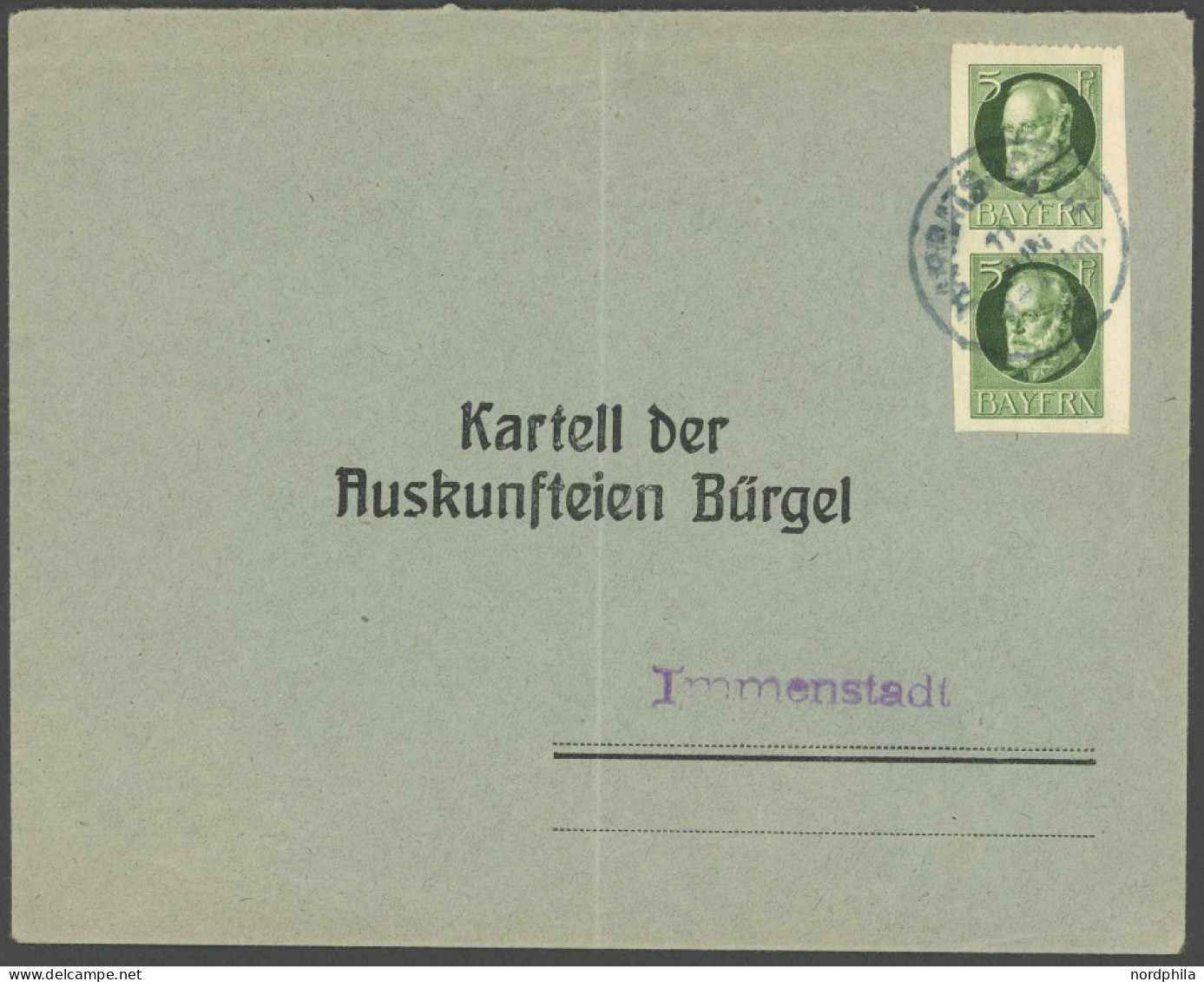 BAYERN 95iUdr,95IU BRIEF, 1914, 5 Pf. Luitpold, Friedensdruck, Im Senkrechten Paar, Die Untere Marke Vierseitig Ungezähn - Storia Postale