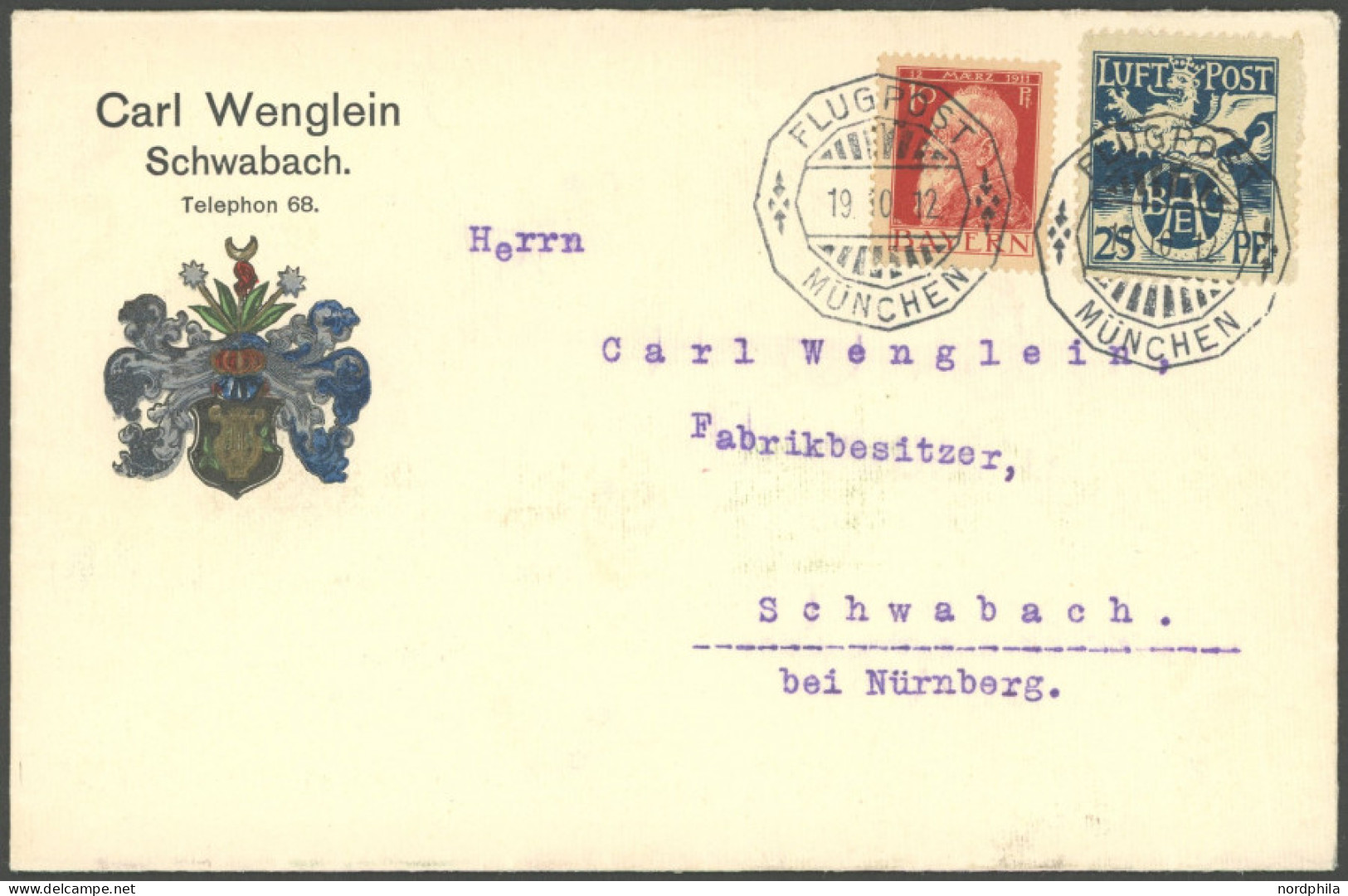 BAYERN FL BRIEF, 1912, 25 Pf. Flugpostmarke Mit 10 Pf. Luitpold Auf Flugpostbrief Von MÜNCHEN Nach Schwabach, Pracht - Ganzsachen