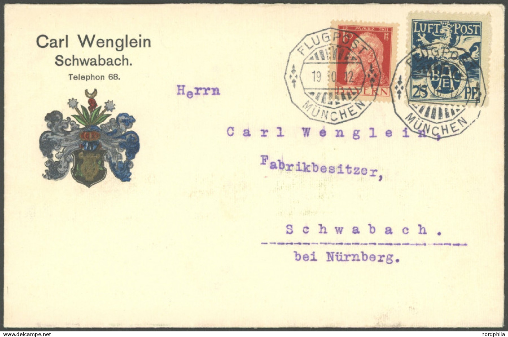 BAYERN FL BRIEF, 1912, 25 Pf. Flugpostmarke Mit 10 Pf. Luitpold Auf Flugpostbrief Von MÜNCHEN Nach Schwabach, Pracht - Interi Postali