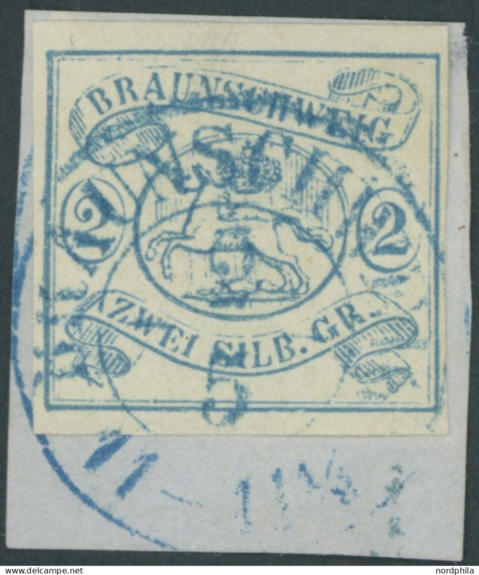 BRAUNSCHWEIG 2 BrfStk, 1852, 2 Sgr. Lebhaftpreußischblau Auf Briefstück (Marke Zur Kontrolle Gelöst Und Mit Falz Befesti - Brunswick