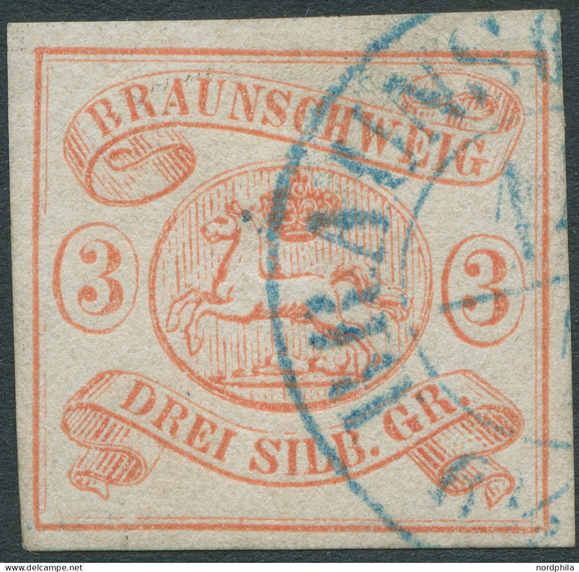 BRAUNSCHWEIG 3 O, 1852, 3 Sgr. Orangerot, Blauer K2 Von Braunschweig, Vollrandig, Pracht, Signiert, Mi. 350,- - Brunswick