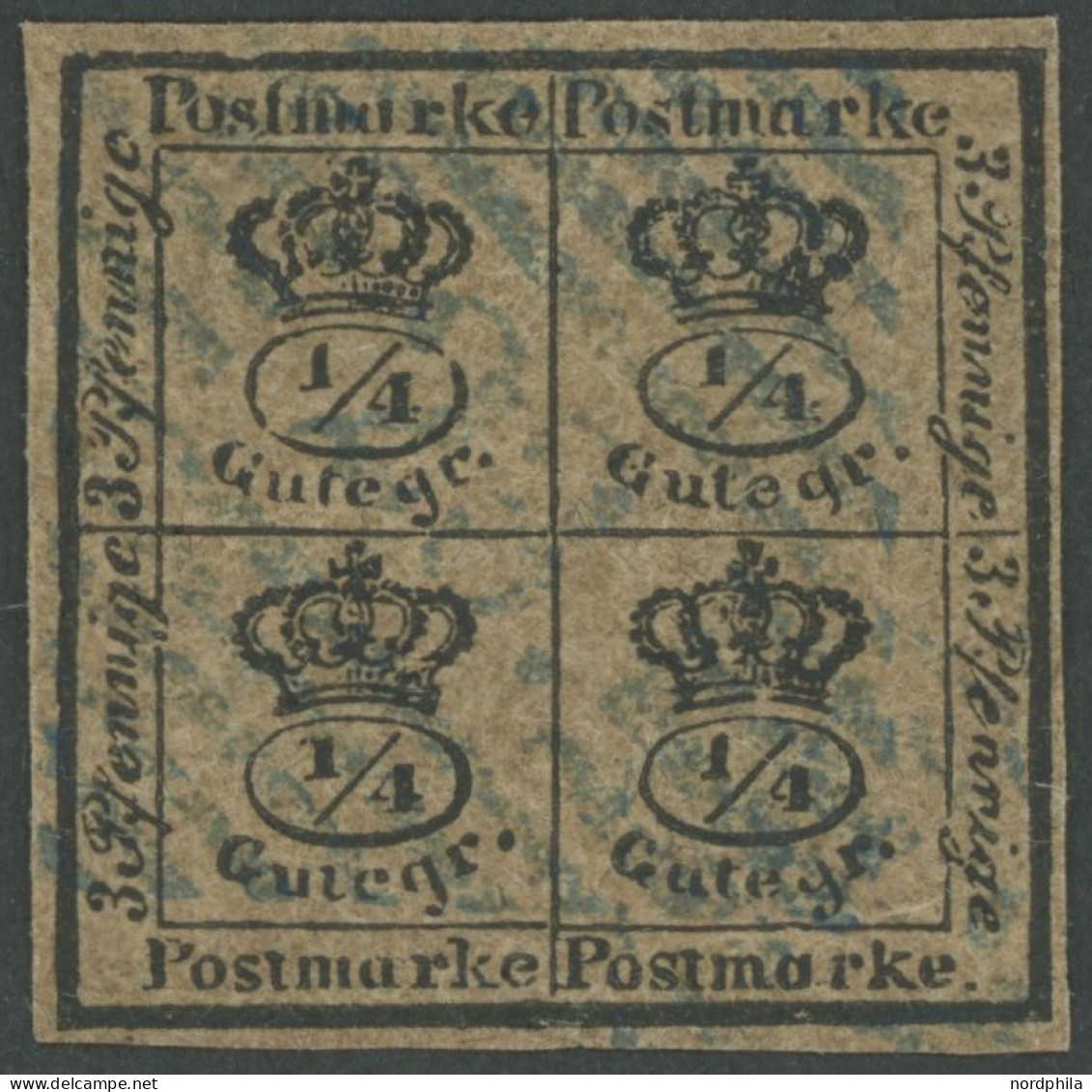 BRAUNSCHWEIG 9a O, 1857, 4/4 Ggr. Schwarz Auf Graubraun, Seltener Blauer Nummernstempel 23 (HOHEGEISS), Unten Minimaler  - Braunschweig