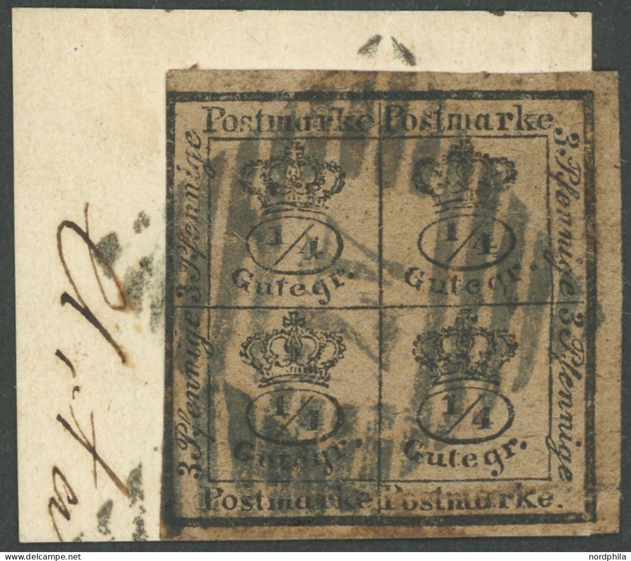 BRAUNSCHWEIG 9b BrfStk, 1857, 4/4 Ggr. Schwarz Auf Gelbbraun, Nummernstempel 47 Auf Briefstück, Links Berührt Sonst Prac - Braunschweig