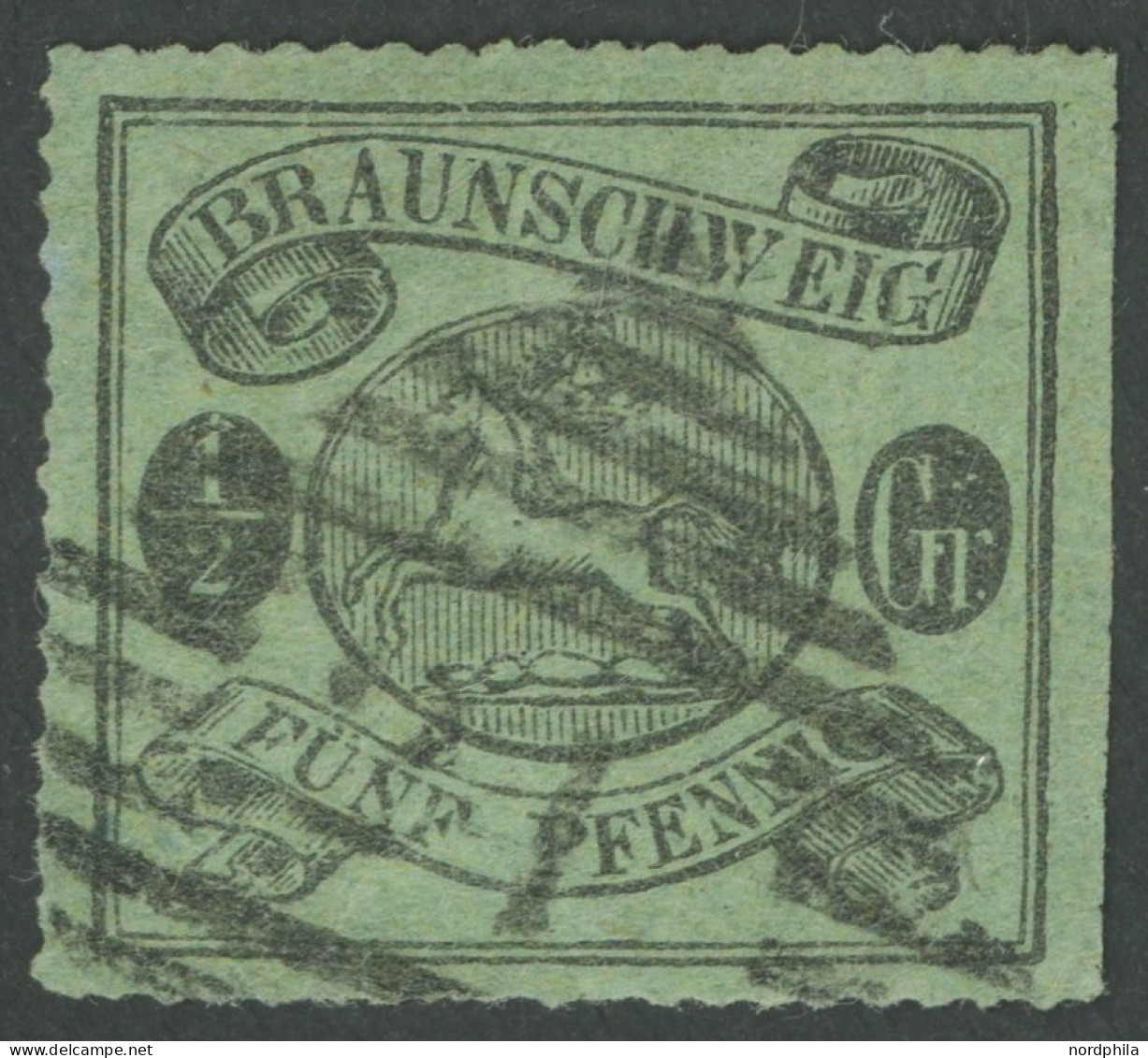 BRAUNSCHWEIG 10B O, 1864, 1/2 Gr. Schwarz Auf Lebhaftgraugrün, Bogenförmig Durchstochen 16, Nummernstempel 21 (Helmstedt - Braunschweig