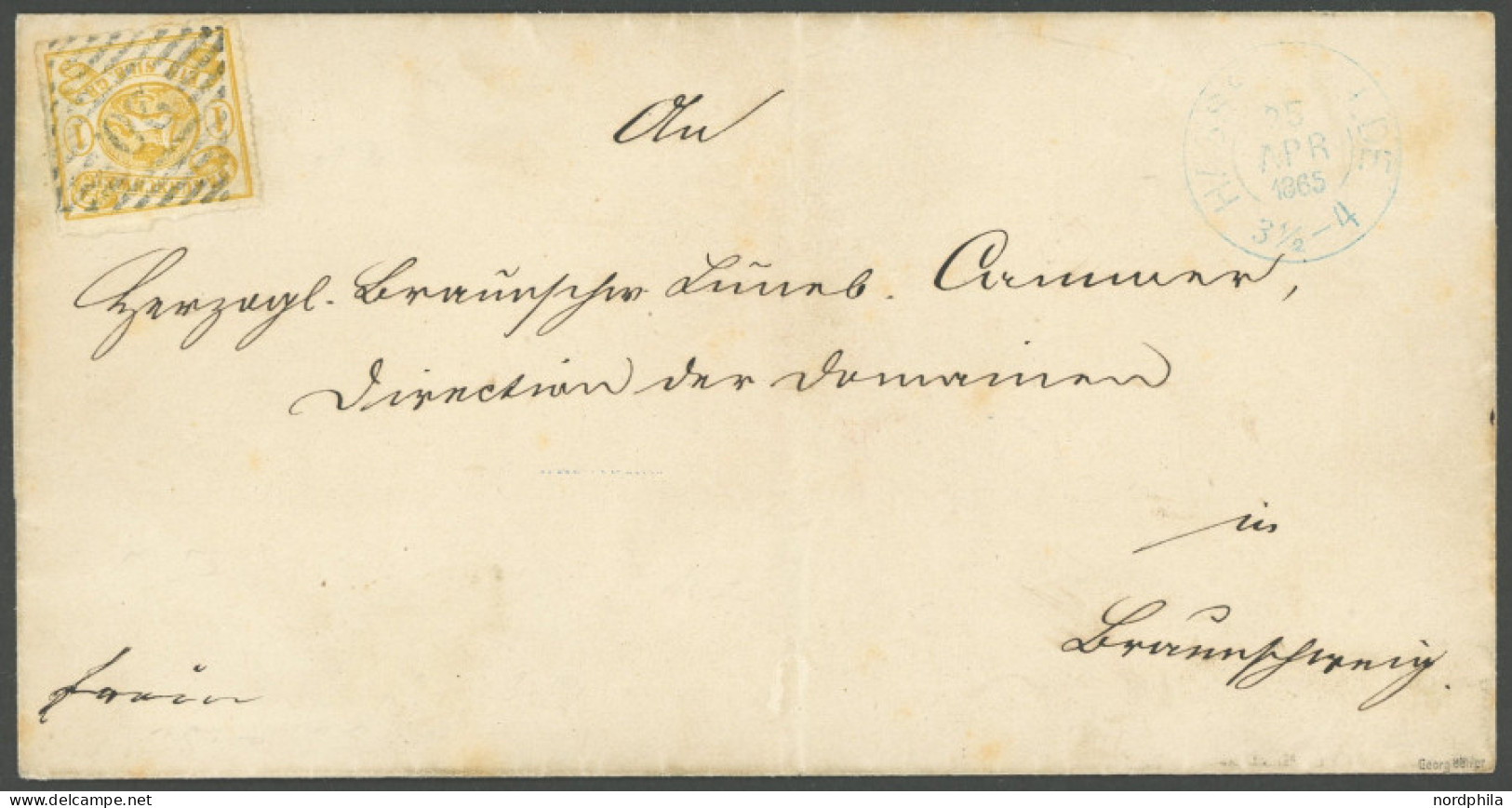 BRAUNSCHWEIG 14A BRIEF, 1865, 1 Sgr. Gelbocker, Durchstochen 16, Fast Allseits Vollständiger Durchstich, Auf Brief Mit N - Braunschweig