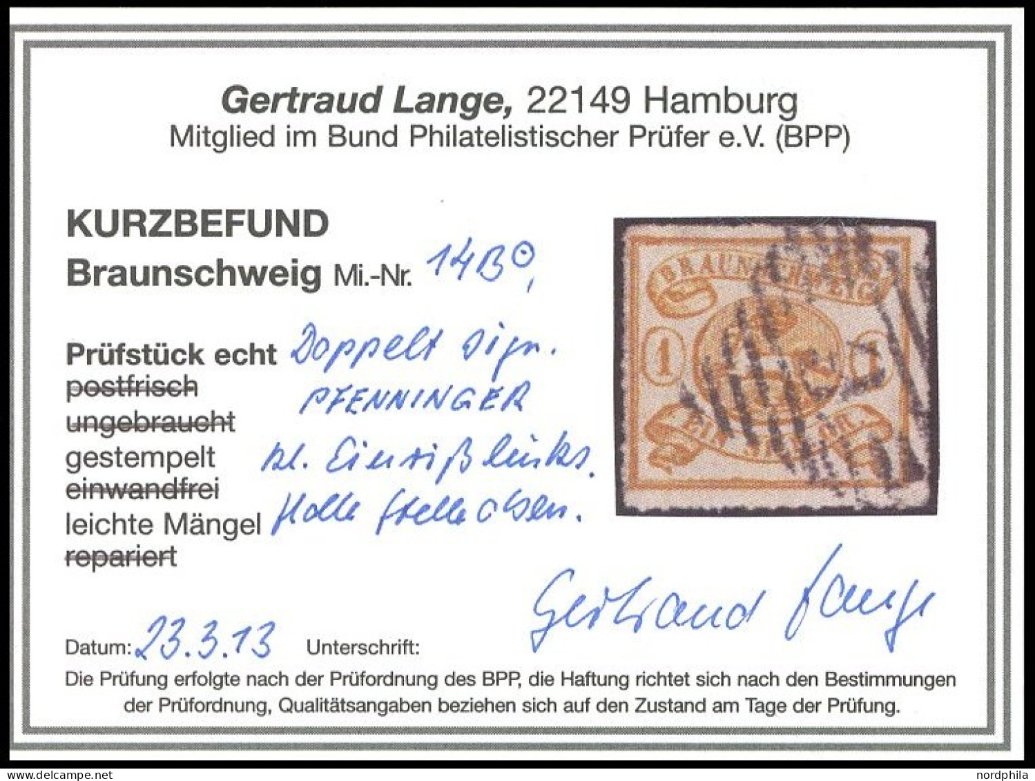 BRAUNSCHWEIG 14B O, 1864, 1 Sgr. Gelbocker, Durchstochen 12, Feinst (kleine Mängel), Gepr. Pfenninger Und Kurzbefund Lan - Braunschweig