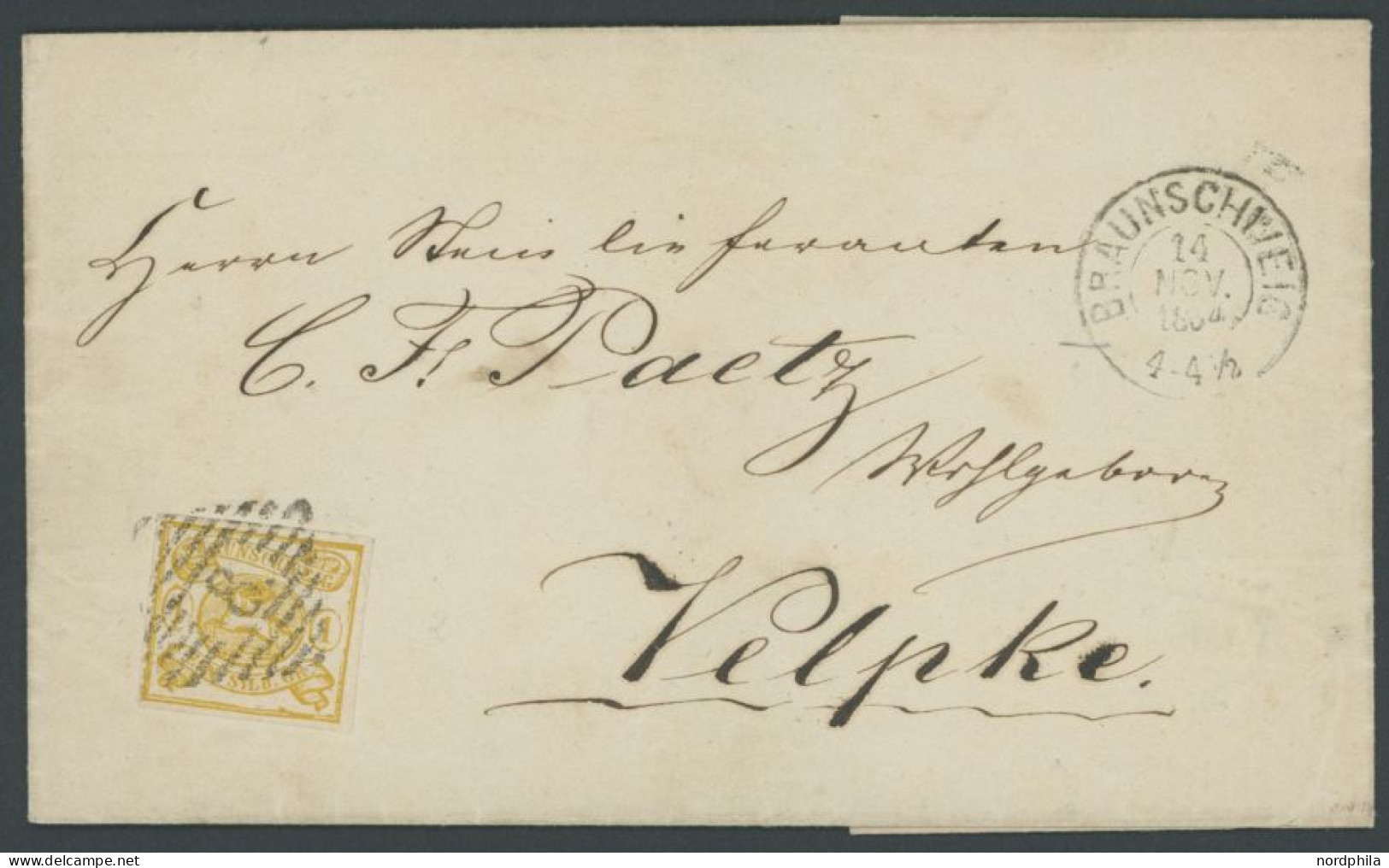 BRAUNSCHWEIG 14B BRIEF, 1864, 1 Sgr. Gelbocker, Durchstochen 12, Mit Zweiseitiger Scherentrennung Auf Dekorativem Brief  - Brunswick