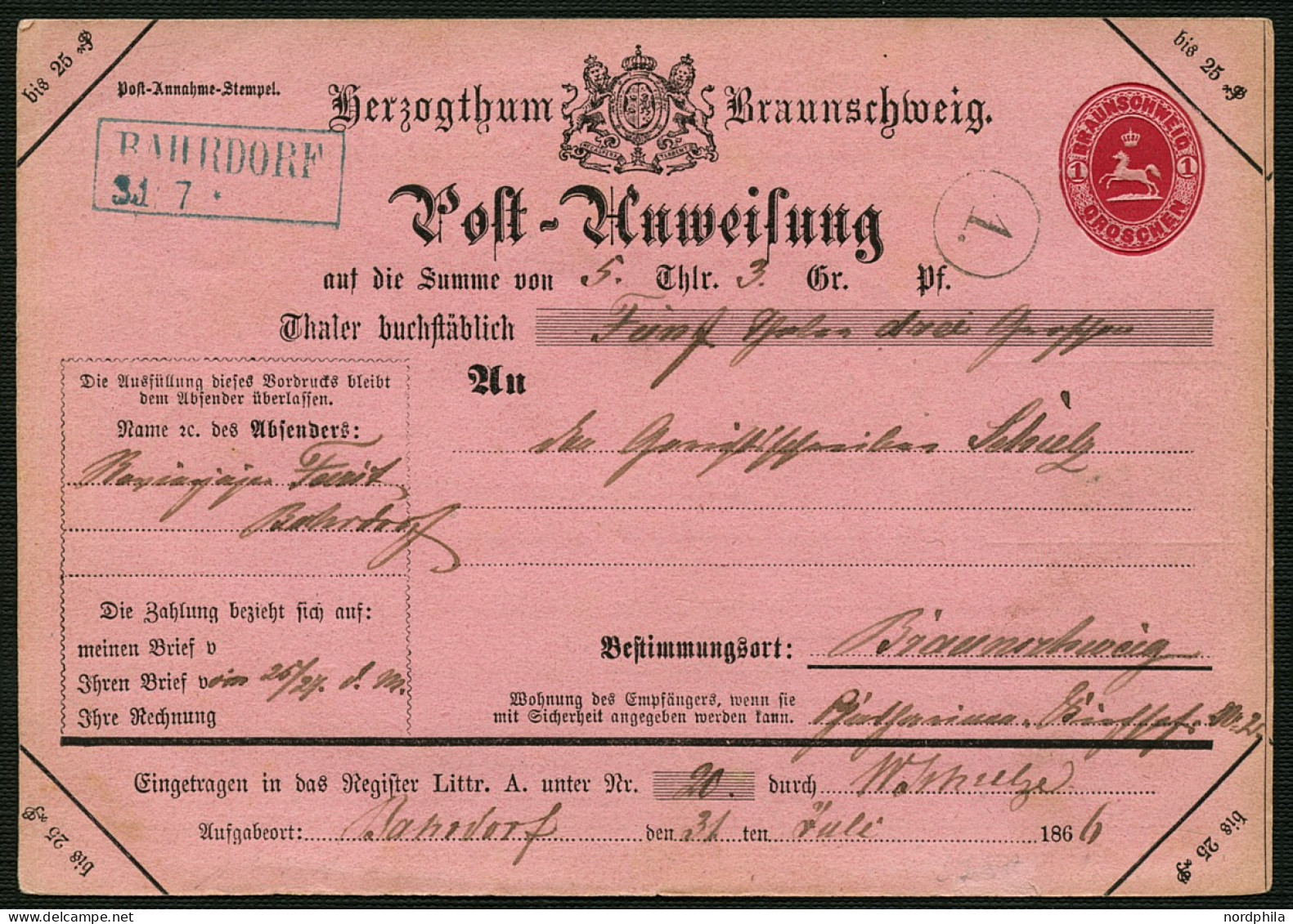 BRAUNSCHWEIG Braunschweig 1866, Postanweisung - Dienstformular In Rosa Mit Wertstempel 1 Groschen, A1, Type III/2, über  - Braunschweig