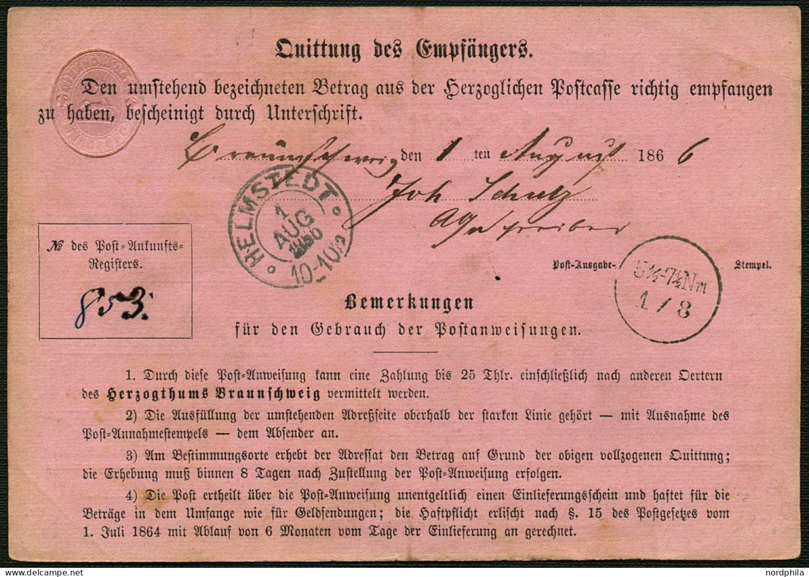 BRAUNSCHWEIG Braunschweig 1866, Postanweisung - Dienstformular In Rosa Mit Wertstempel 1 Groschen, A1, Type III/2, über  - Braunschweig