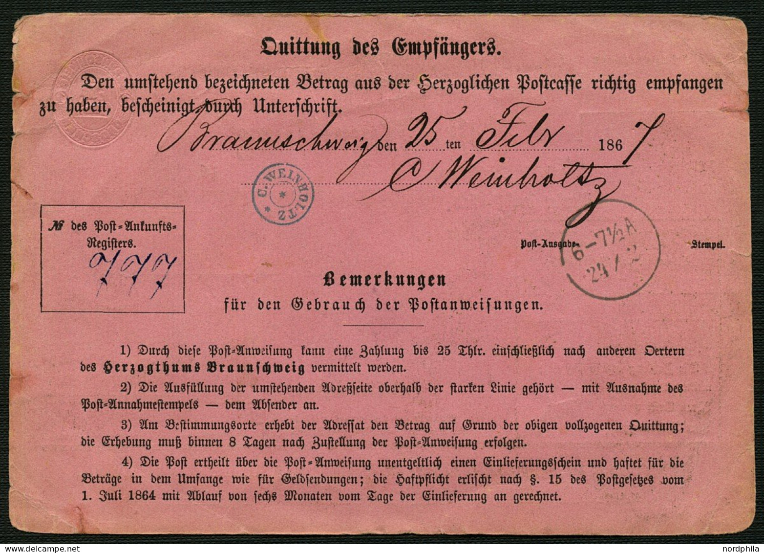 BRAUNSCHWEIG Braunschweig 1867, Postanweisung - Dienstformular In Rosa Mit Wertstempel 1 Groschen, A3, Type III/2, über  - Braunschweig