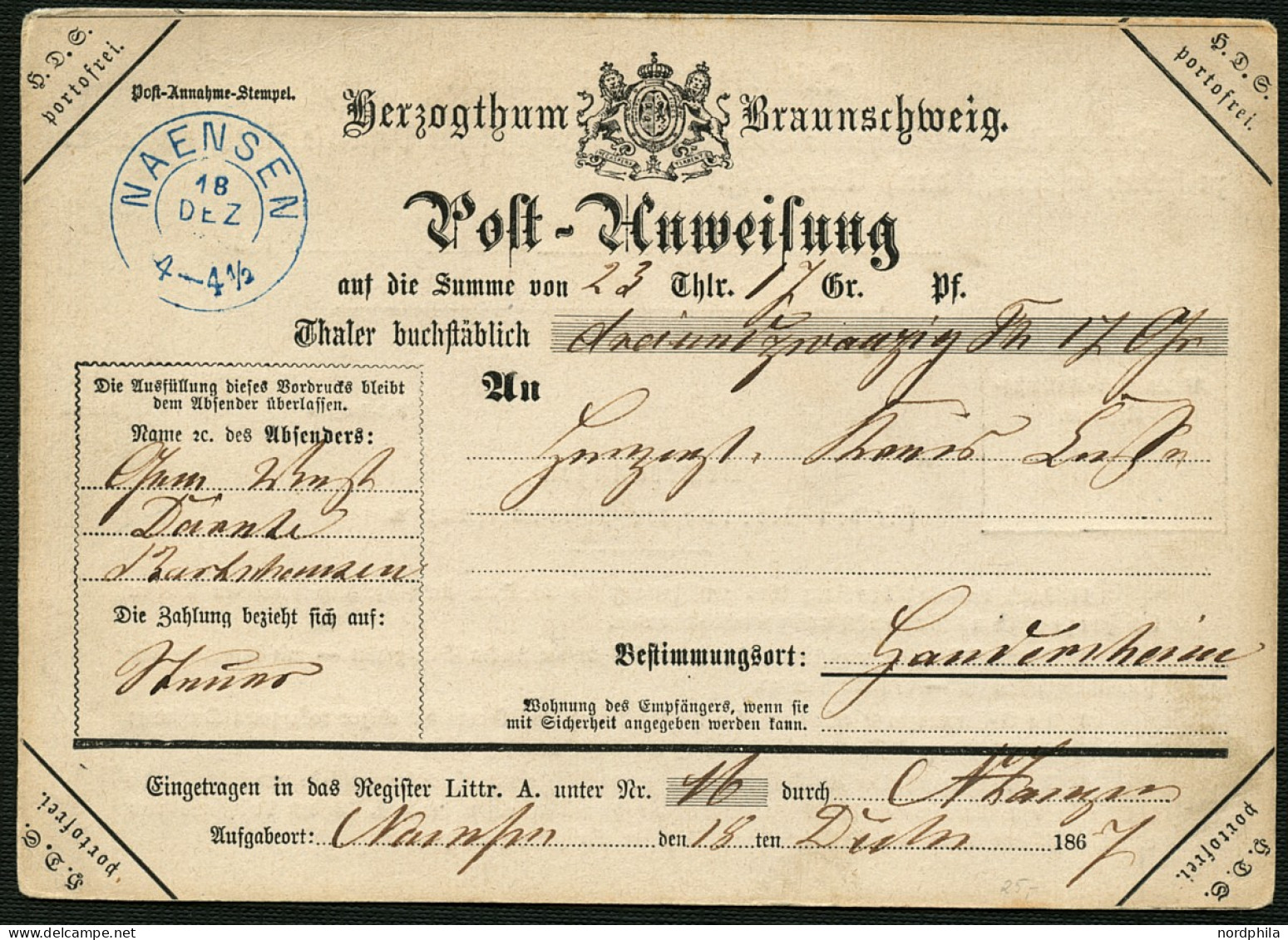 BRAUNSCHWEIG Braunschweig 1867, Postanweisung - Dienstformular In Weiß, Ohne Wertstempel, über 23 Thaler Und 17 Groschen - Braunschweig