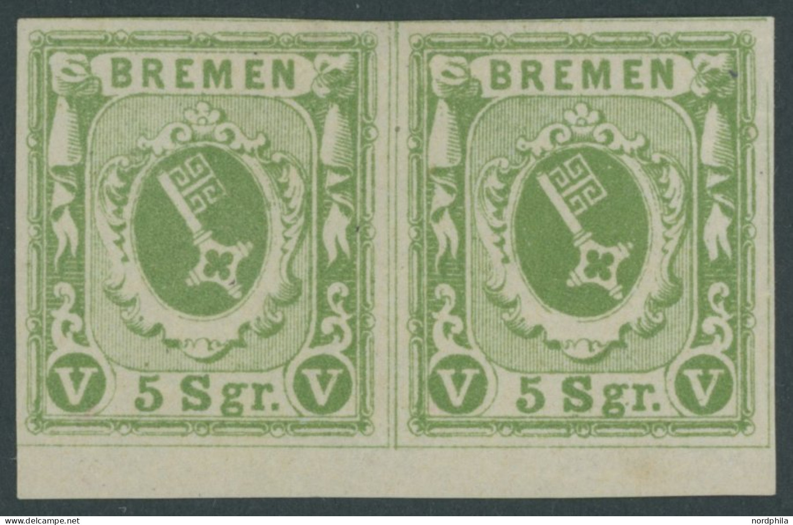 BREMEN 4a Paar , 1859, 5 Sgr. Gelbgrün Im Waagerechten Paar Mit Unterrand, Linke Marke Ein Brauner Punkt Am Oberrand Son - Brême