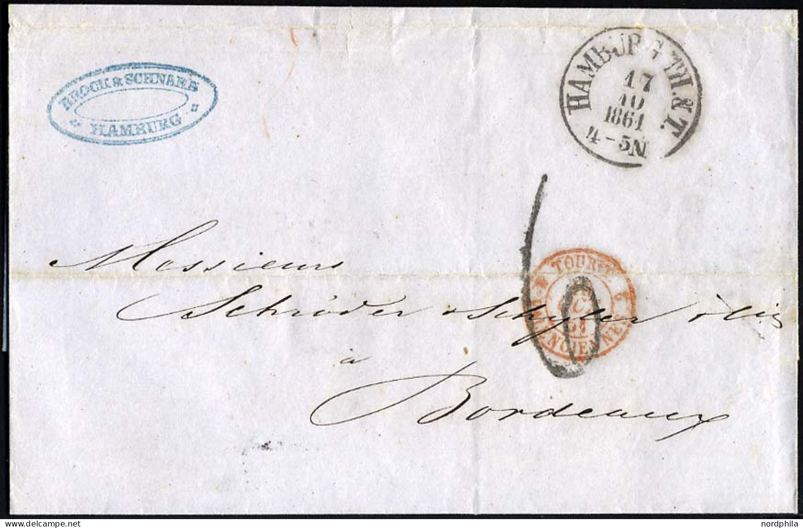 HAMBURG - THURN UND TAXISCHES O.P.A. 1864, HAMBURG Th.& T., K3 Und Taxstempel 6 Auf Briefhülle Nach Bordeaux, Pracht - Prephilately