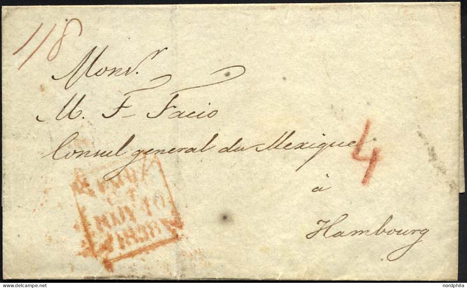 HAMBURG - GRENZÜBERGANGSSTEMPEL 1838, PAID..., Roter R4 Auf Briefhülle Von London An Das Mexikanische Generalkonsulat In - Prephilately