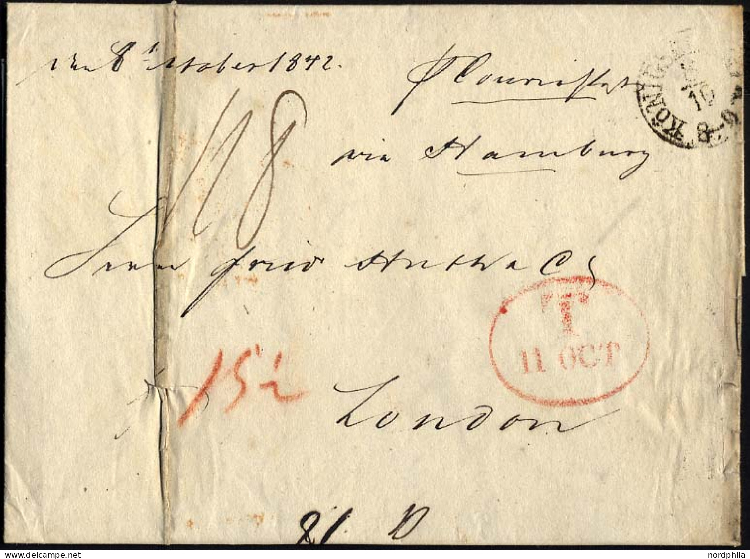 HAMBURG - GRENZÜBERGANGSSTEMPEL 1842, T 11 OCT, In Rot Auf Brief Von Königsberg über Hamburg (K1) Nach London, Registrat - Prephilately