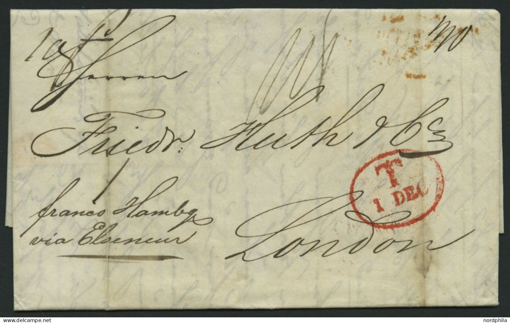 HAMBURG - GRENZÜBERGANGSSTEMPEL 1843, T 1 DEC, In Rot Auf Brief Von Götheborg (rückseitig R3) Nach London, Handschriftli - [Voorlopers