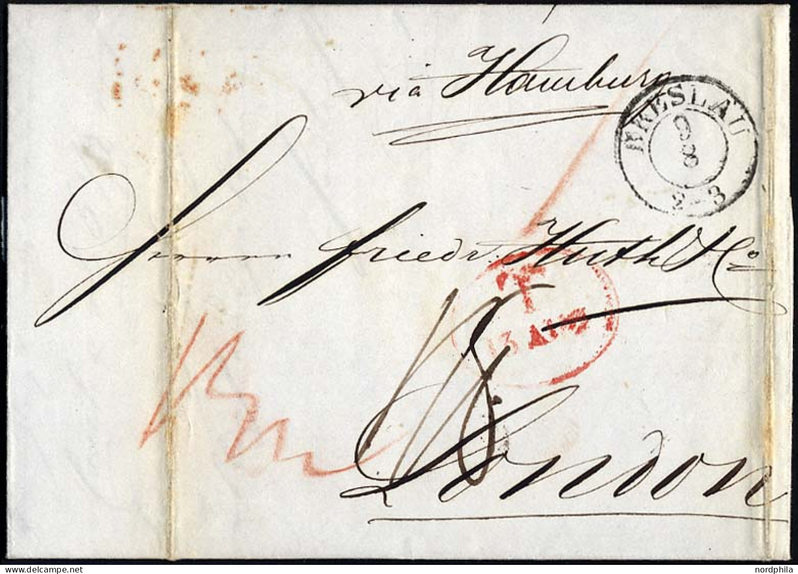 HAMBURG 1844, T 13 AUG, Rote Sonderform Auf Brief Von Breslau (K2) NachLondon, Rückseitiger Durchgangsstempel Von Hambur - Prephilately