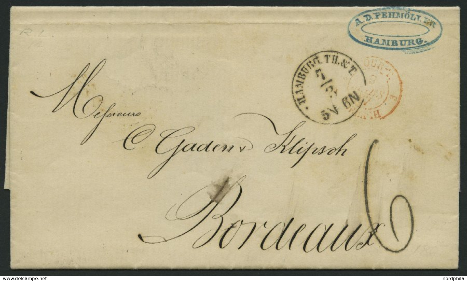 HAMBURG - GRENZÜBERGANGSSTEMPEL 1867, Tax-Stempel 6 Und HAMBURG TH. & T. Auf Brief Nach Bordeaux, Roter Tour-Stempel, Pr - Préphilatélie