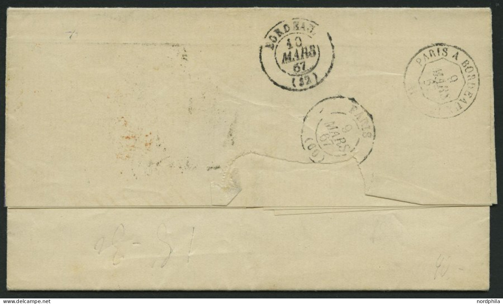 HAMBURG - GRENZÜBERGANGSSTEMPEL 1867, Tax-Stempel 6 Und HAMBURG TH. & T. Auf Brief Nach Bordeaux, Roter Tour-Stempel, Pr - Vorphilatelie