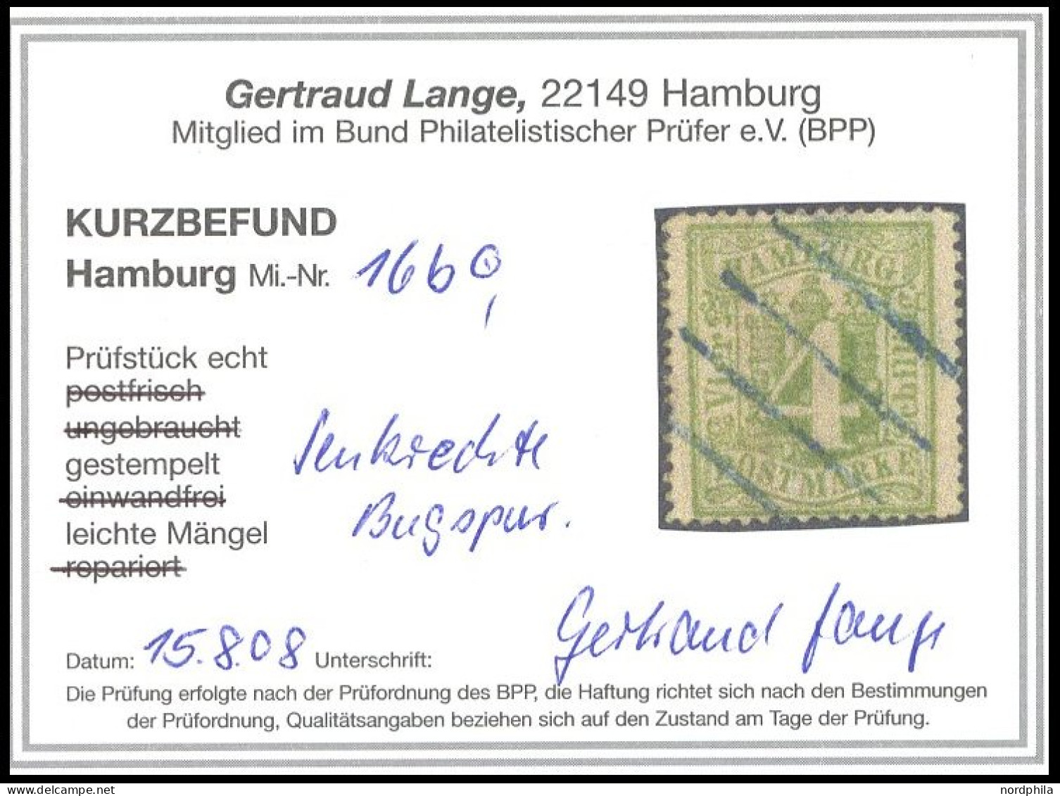 HAMBURG 16b BrfStk, 1864, 4 S. Bläulichgrün, Senkrechte Bugspur Sonst Prachtbriefstück, Kurzbefund Lange, Mi. 150.- - Hambourg