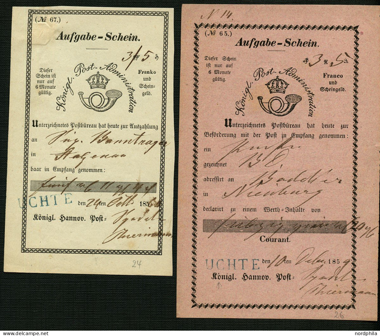 HANNOVER Königreich Hannover, Ort Uchte Zwischen 1839/1868, 6 Verschiedene Post-Einlieferungsscheine Mit Text: No 13b /  - Prephilately