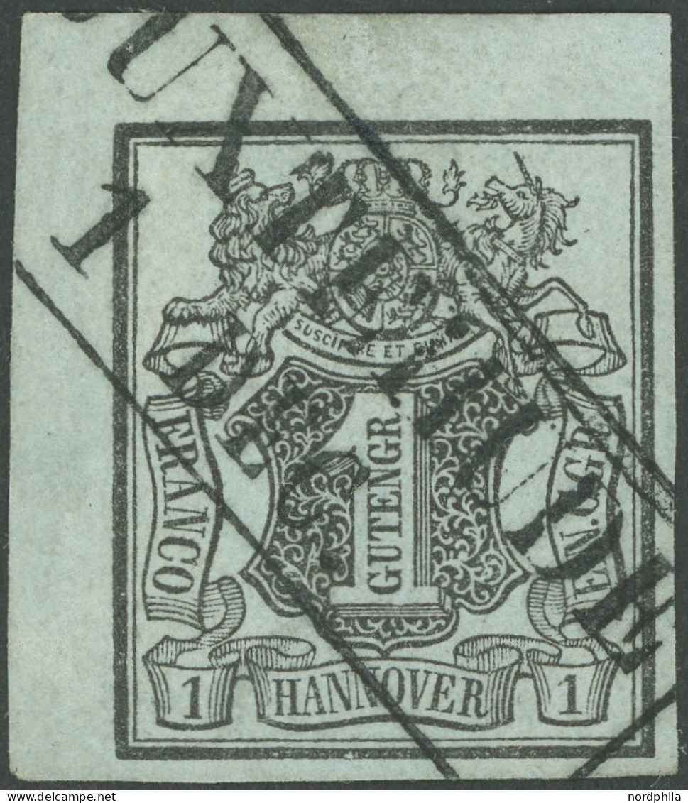 HANNOVER 1 O, 1850, 1 Ggr. Schwarz Auf Graublau, Obere Linke Bogenecke, Diagonaler R2 BUXTEHUDE, Kabinett - Hanover