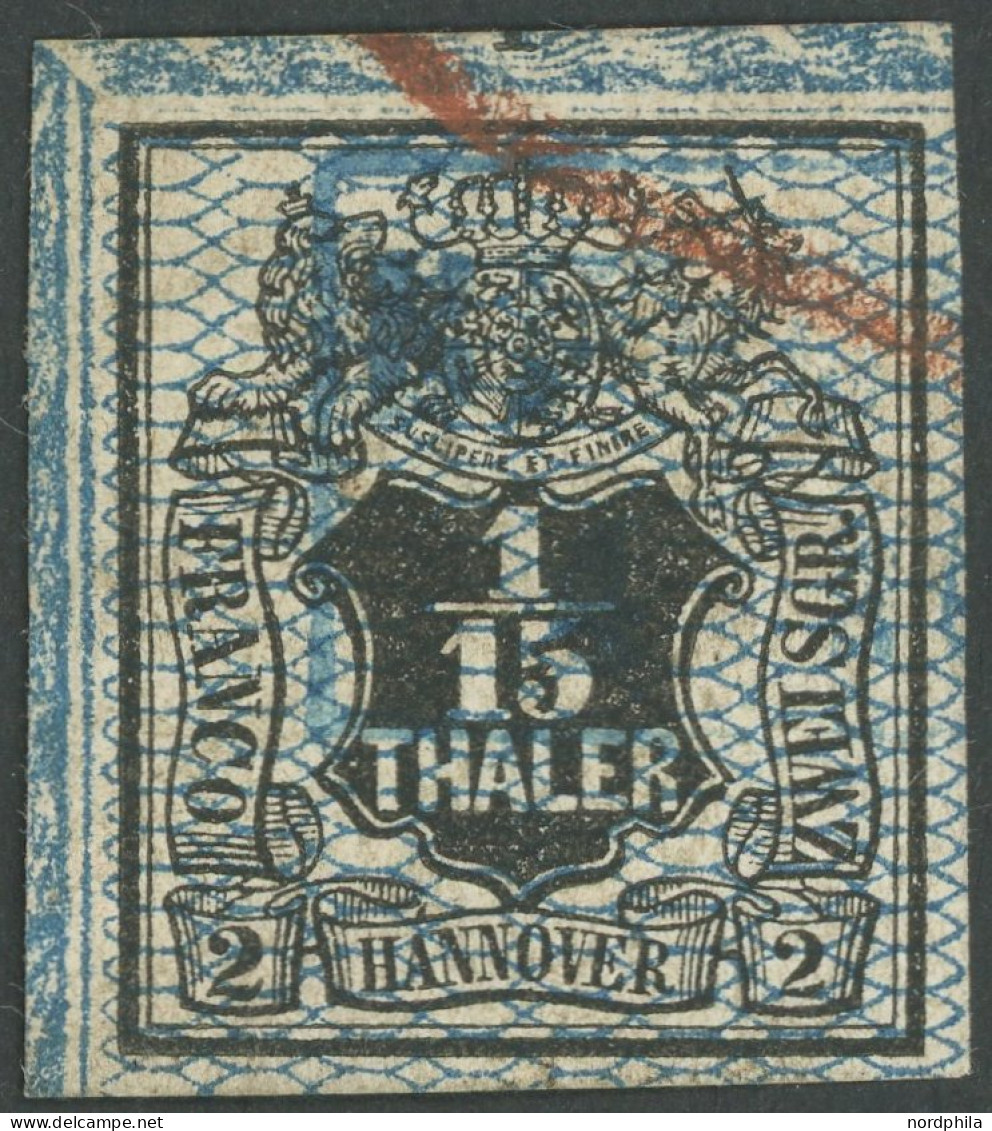 HANNOVER 11 O, 1856, 1/15 Th. Schwarz/grauultramarin, Linke Obere Bogenecke, Pracht - Hanovre