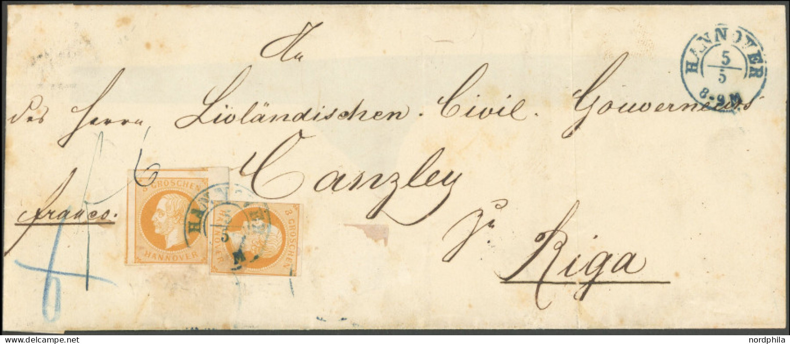 HANNOVER 16b BRIEF, 1859, 3 Gr. Gelborange, 2x Auf Briefhülle, Linke Marke Riesenrandiges Prachtstück Mit Reihenzähler 6 - Hannover