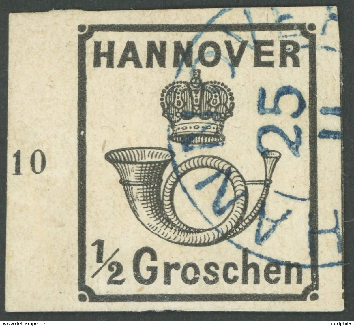 HANNOVER 17yII O, 1860, 1/2 Gr. Schwarz Mit Plattenfehler O In Groschen Gebrochen, Linkes Randstück Mit Reihenzähler 10, - Hanover